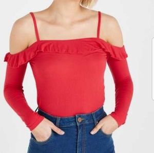 Red Frilly Off The Shoulder Ribbed Top NWT